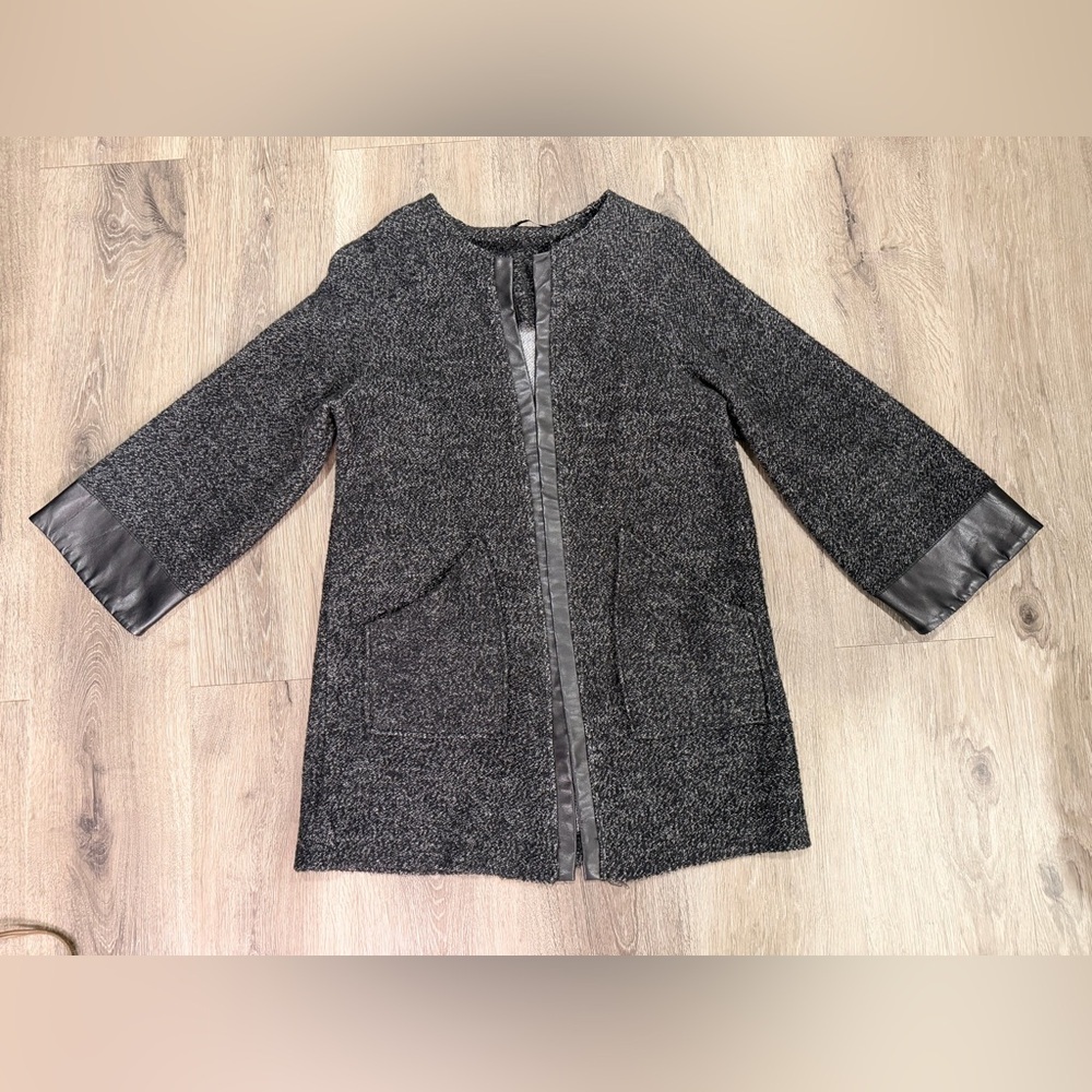 Zara women’s black tweed and faux leather cardigan